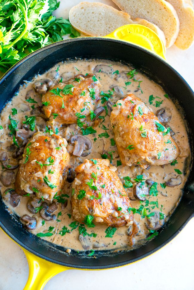 Succulent chicken with mushrooms cooked in white wine and a splash of cream is a simple yet elegant dish.