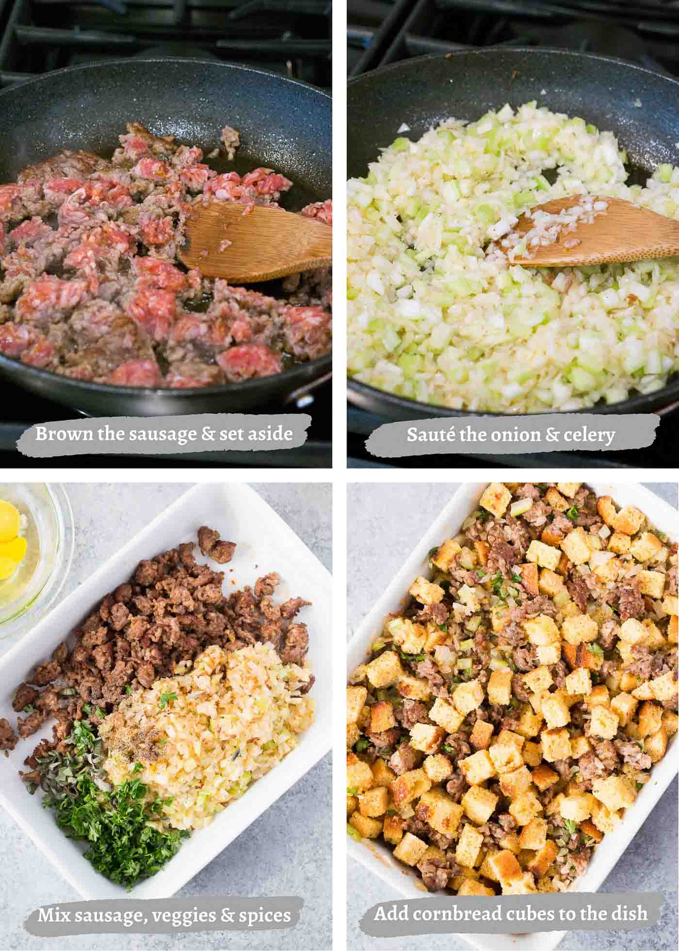 process images of making cornbread dressing with sausage