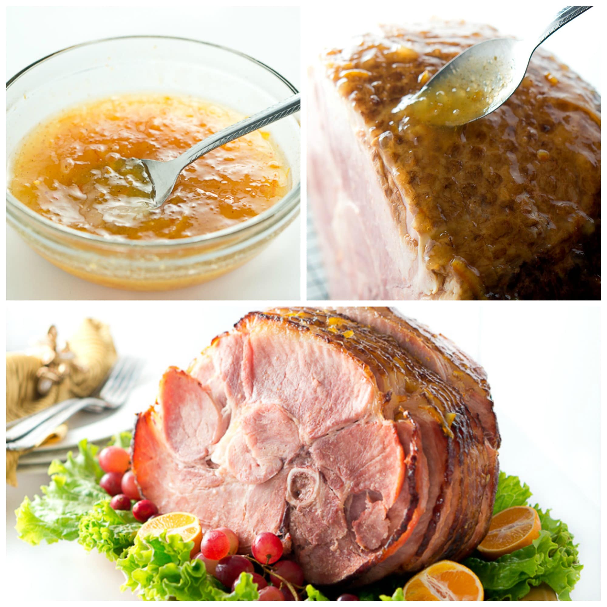 Orange Dijon Glazed Ham - Succulent spiral ham is brushed with a sweet and tangy orange dijon glaze, then roasted until perfection, creating a delicious caramelized outer layer.