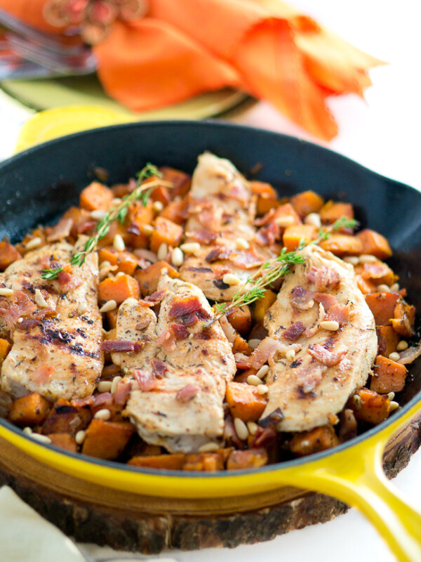 Maple Mustard Chicken and Sweet Potato Skillet - bursting with flavor, this dish is perfect weekday comfort food. One pan, 30 minutes!
