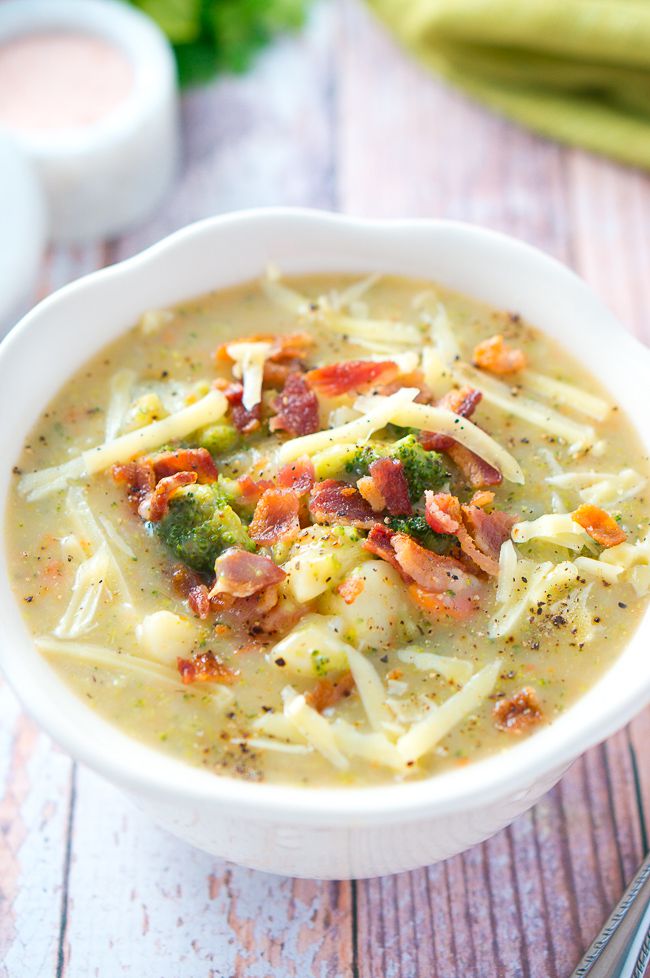 A super simple loaded broccoli and potato soup - a quick light dinner for cold fall and winter nights. Only 30 minutes! It's gluten-free and dairy-free.