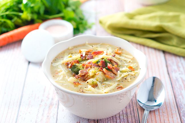 A super simple loaded broccoli and potato soup - a quick light dinner for cold fall and winter nights. Only 30 minutes! It's gluten-free and dairy-free.