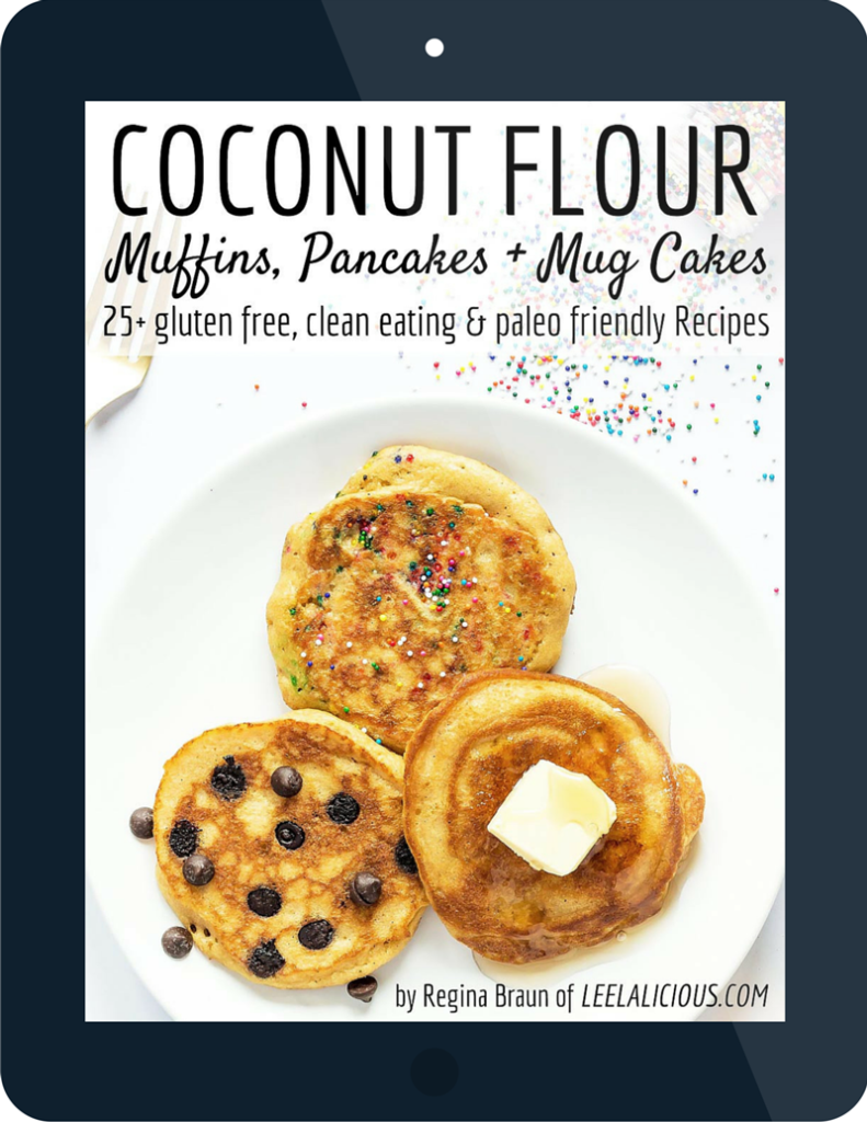 Coconut Flour ecookbook cover with pancakes on a plate