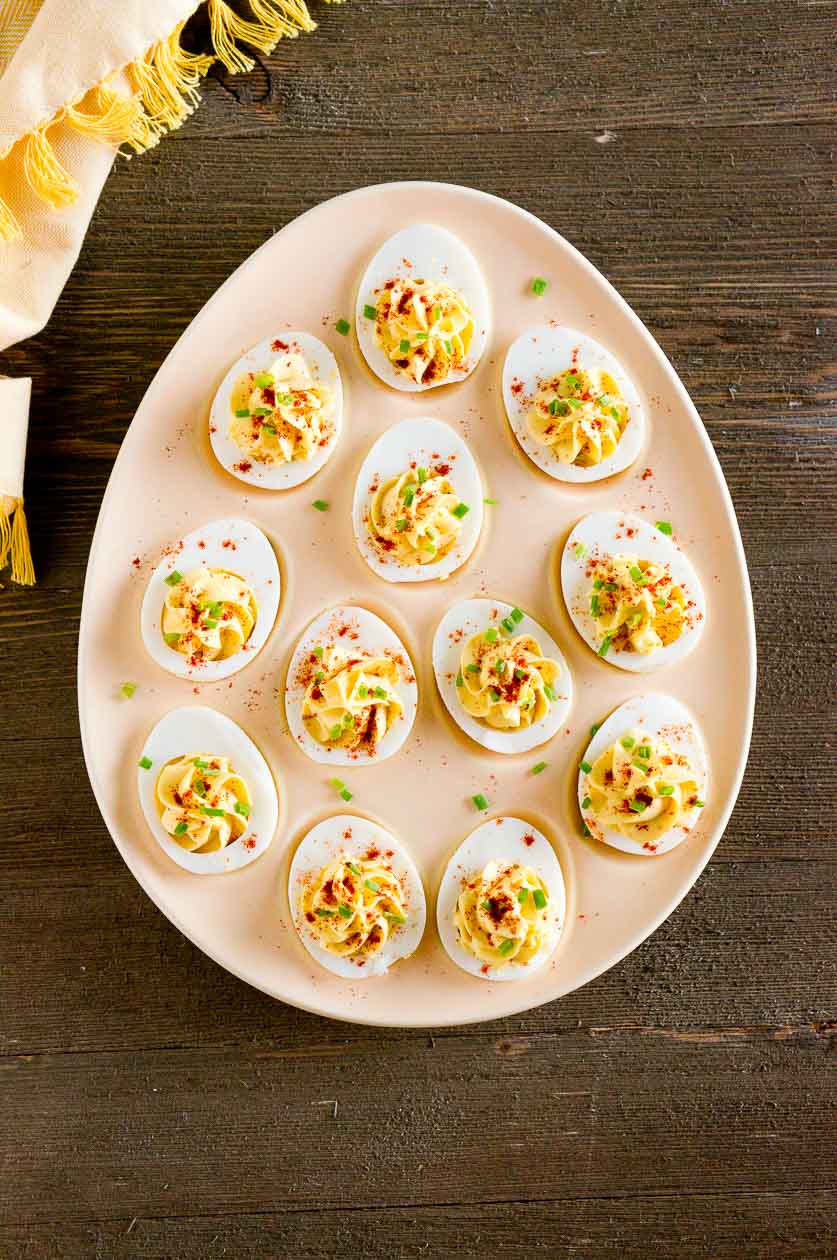 Overhead shot of devilled eggs on a plate ready to eat