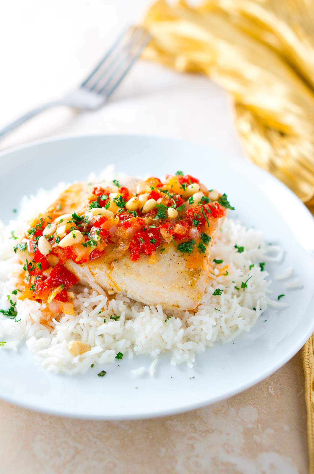 Mahi Mahi with Roasted Pepper Butter Sauce served with rice