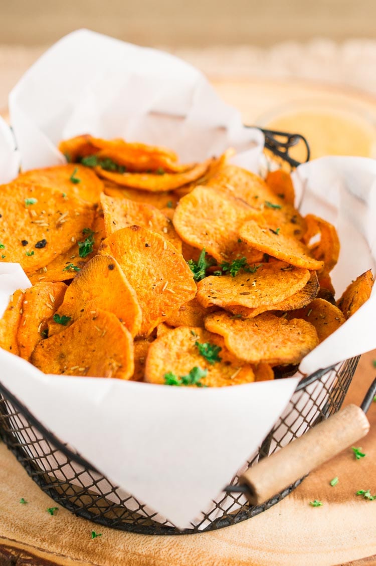 Baked Sweet Potato Chips in a wire basket