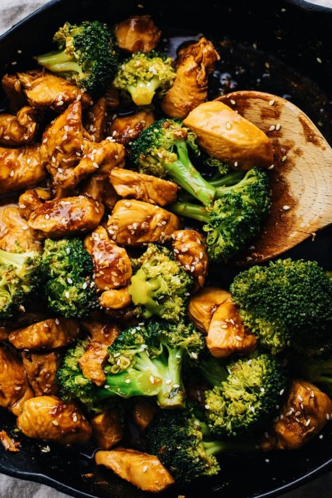 Teriyaki chicken and broccoli in a skillet