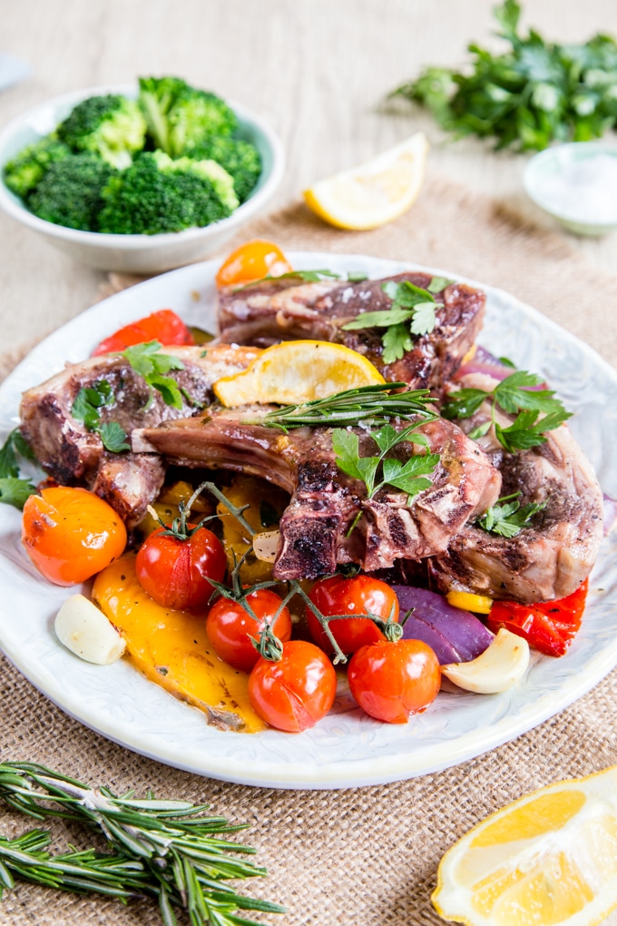 Easy sticky lamb chops with roasted vegetables on a plate
