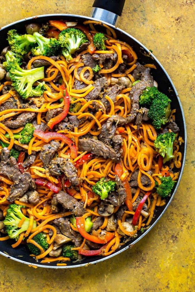 Skillet Beef with Sweet Potato Noodles