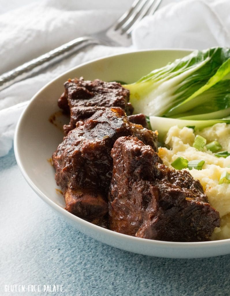 easy Instant Pot recipes - beef short ribs on plate with mashed potatoes
