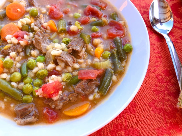 healthy freezer meal - bowl of Instant Pot beef and barley soup