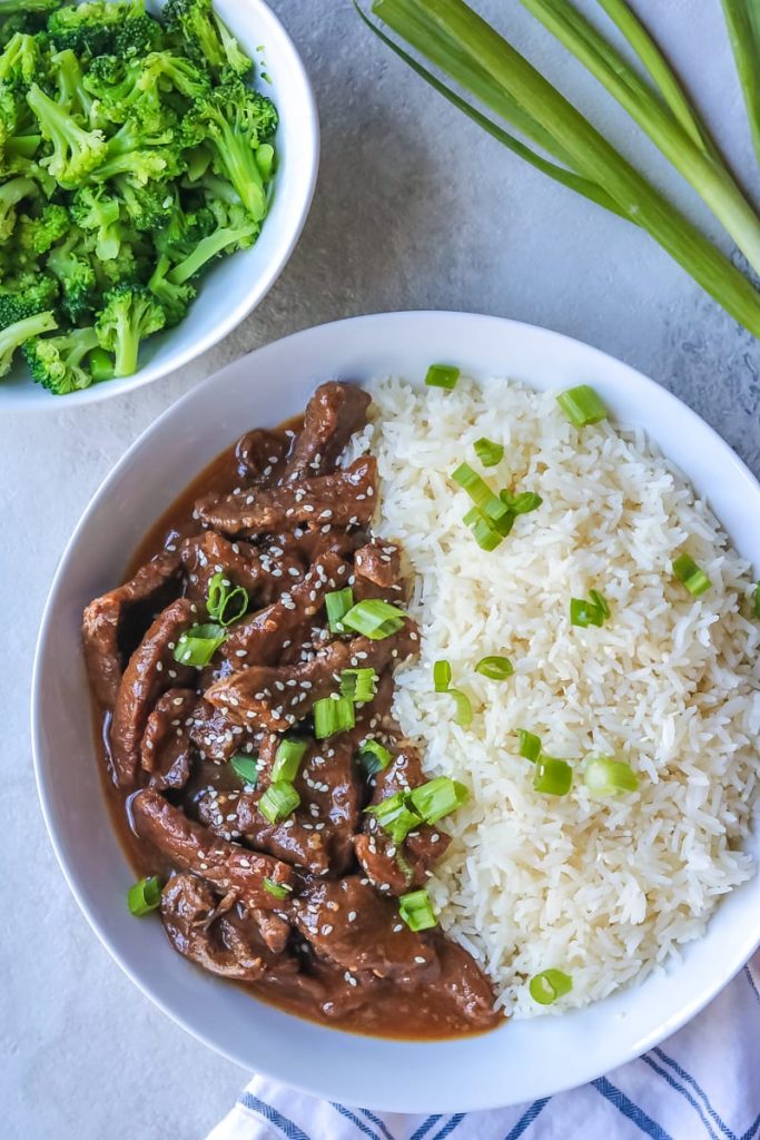 Instant Pot recipes - plate of Mongolian Beef with white rice