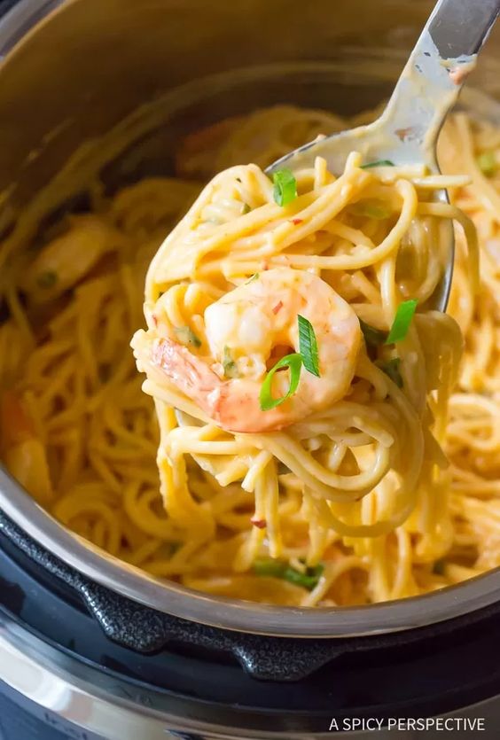 easy Instant Pot recipes - Bang Bang shrimp over spaghetti noodles