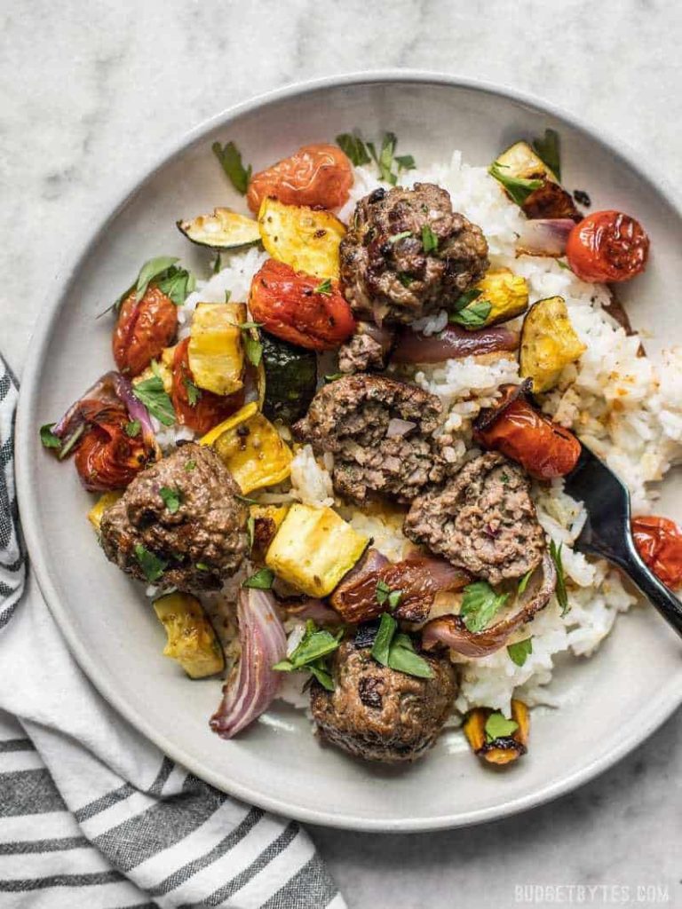 Beef Kofta Meatballs with Roasted Vegetables - meal prepping and planning recipes