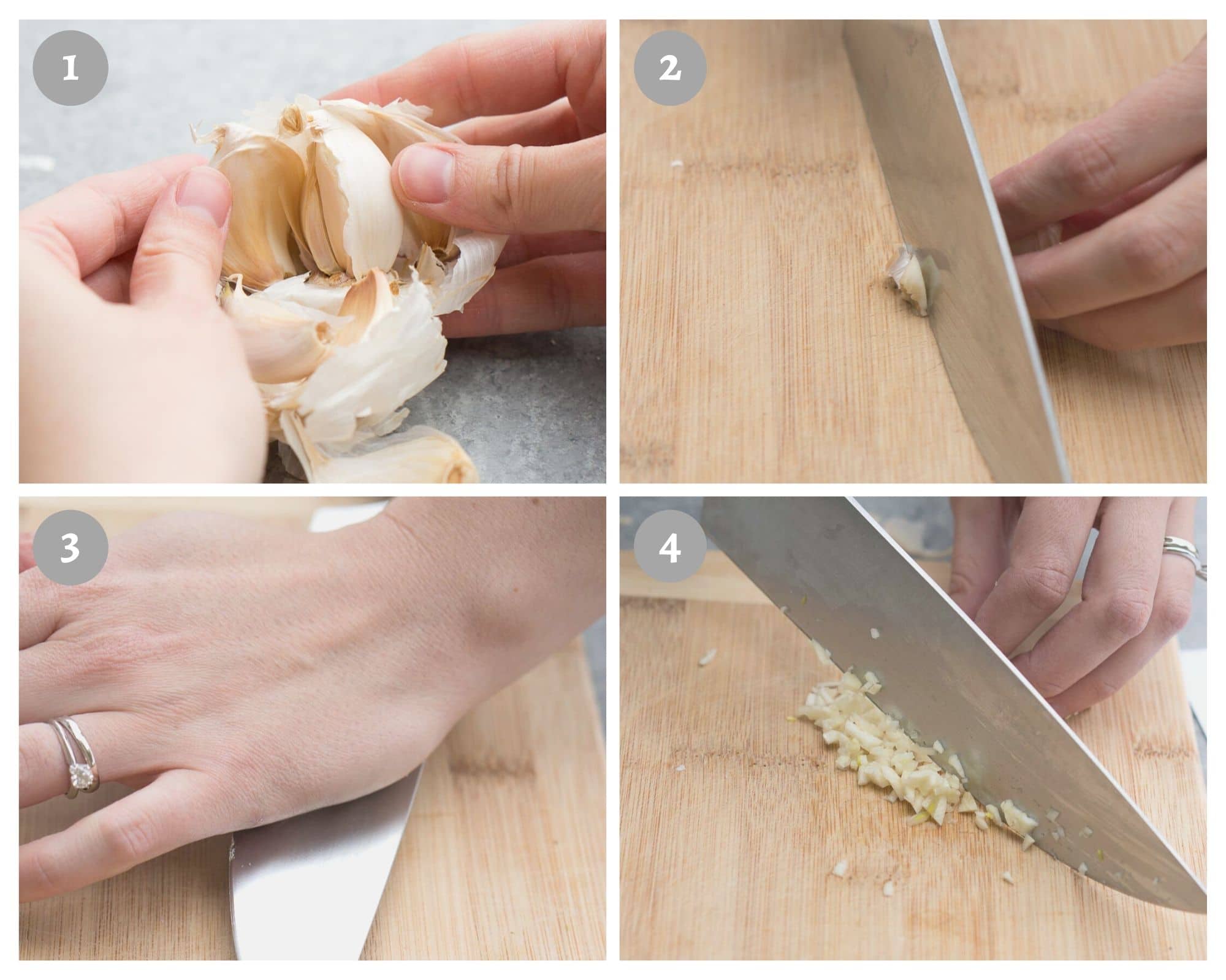 step by step visual on how to peel and mince garlic without a garlic press