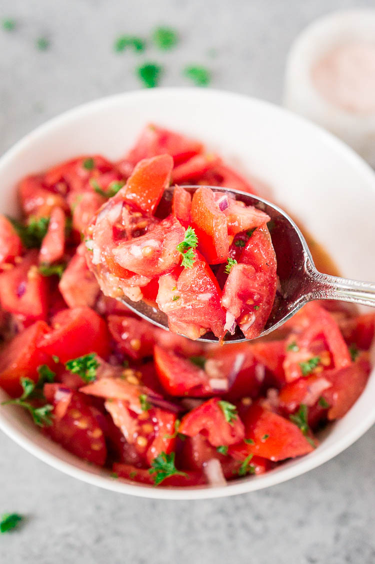 close up of healthy tomato salad