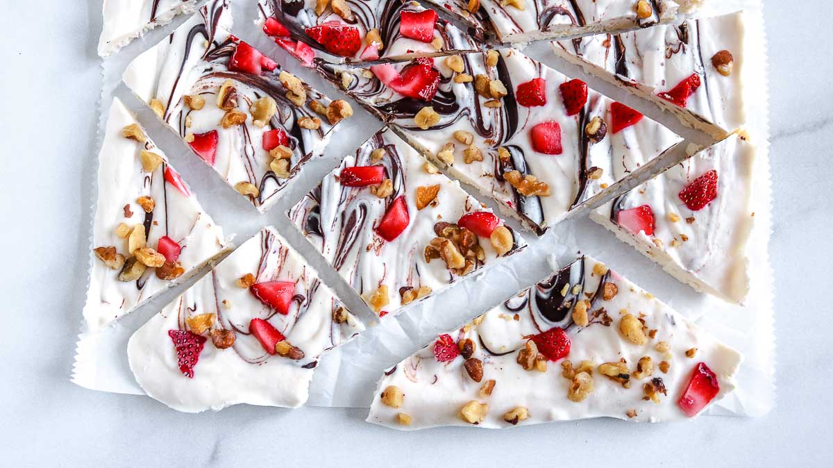 keto frozen yogurt bark with strawberries and walnuts