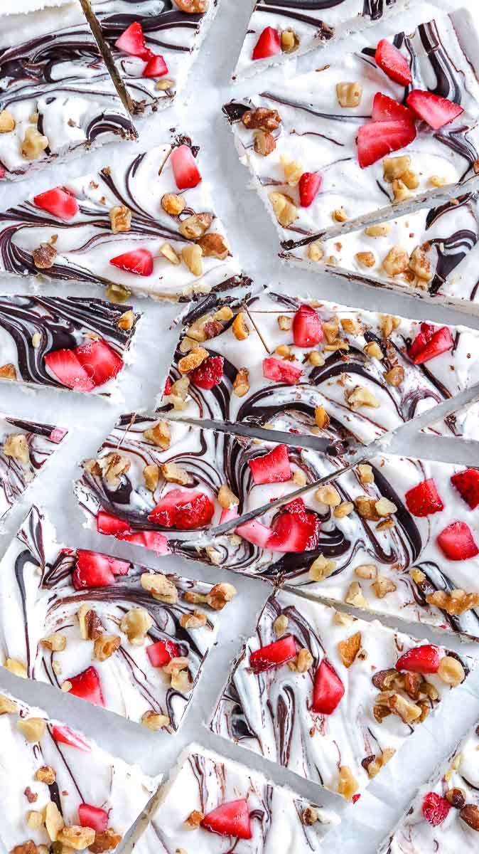 low carb frozen yogurt bark with chocolate strawberries and walnuts