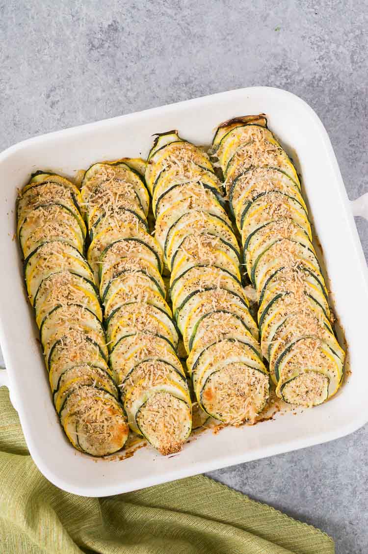 baked squash casserole - in a white dish