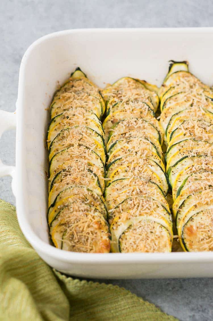 squash casserole made with zucchini squash and summer squash in a casserole dish