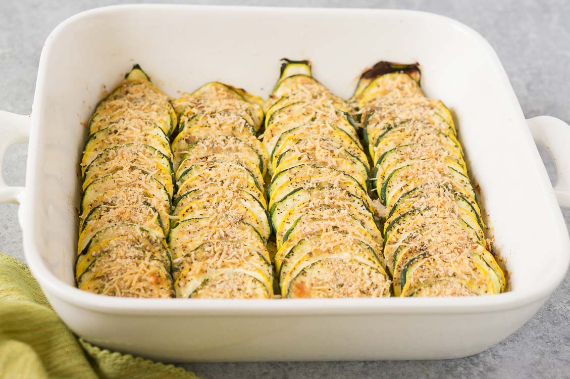 close up of healthy squash casserole made with summer squash and zucchini squash
