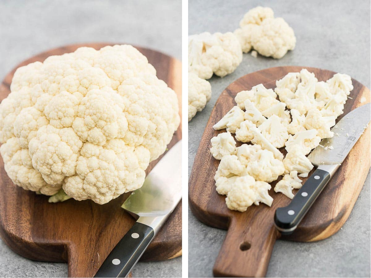 ingredients for roasted cauliflower on a cutting board