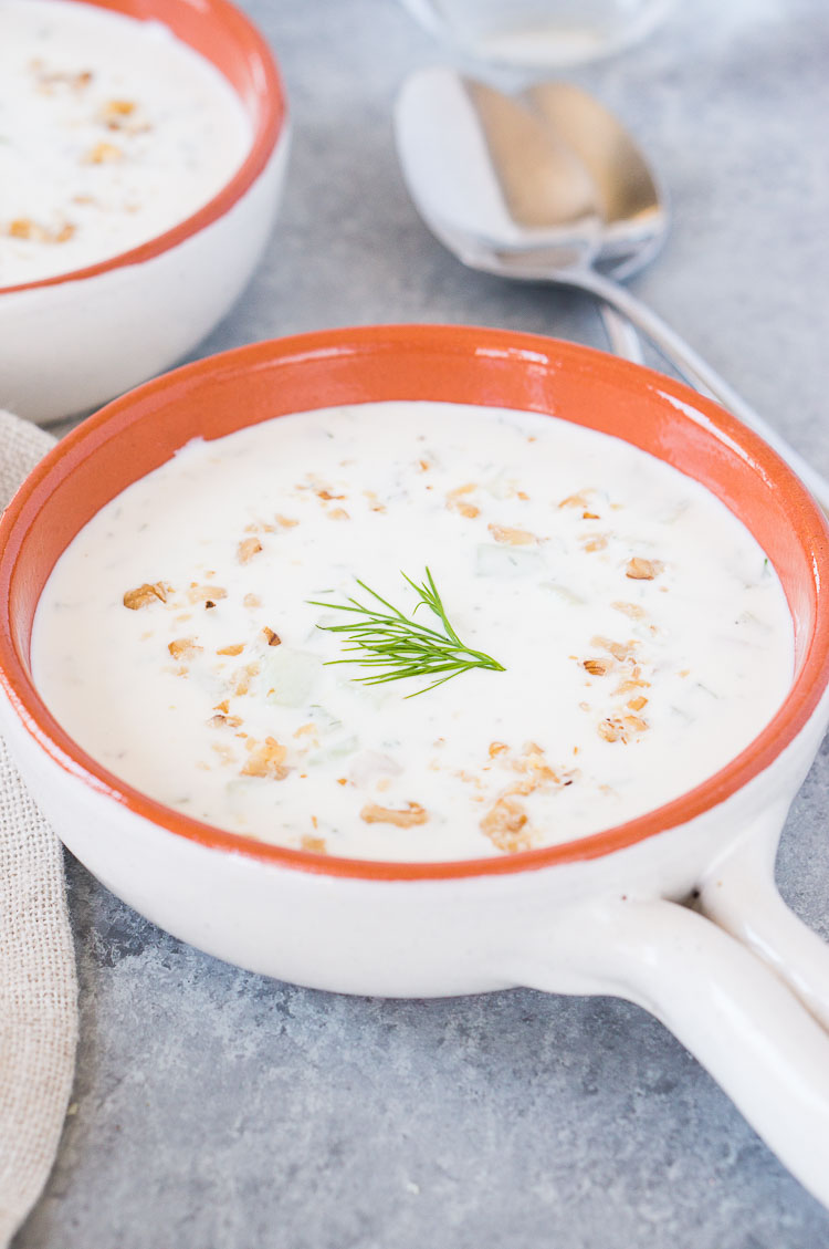 tarator - Bulgarian cold cucumber yogurt soup in a white bowl
