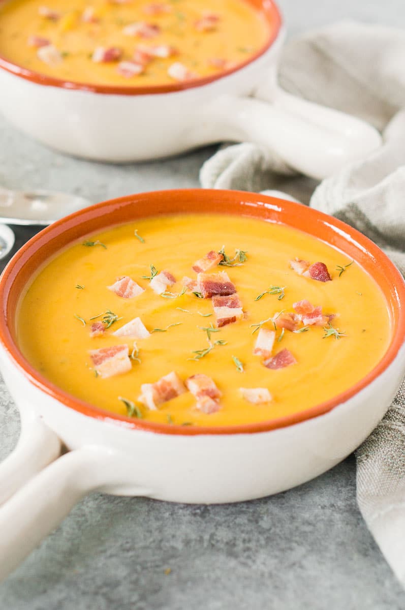 instant pot butternut squash soup in a clay bowl