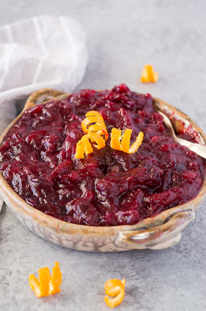 homemade cranberry sauce in a clay bowl