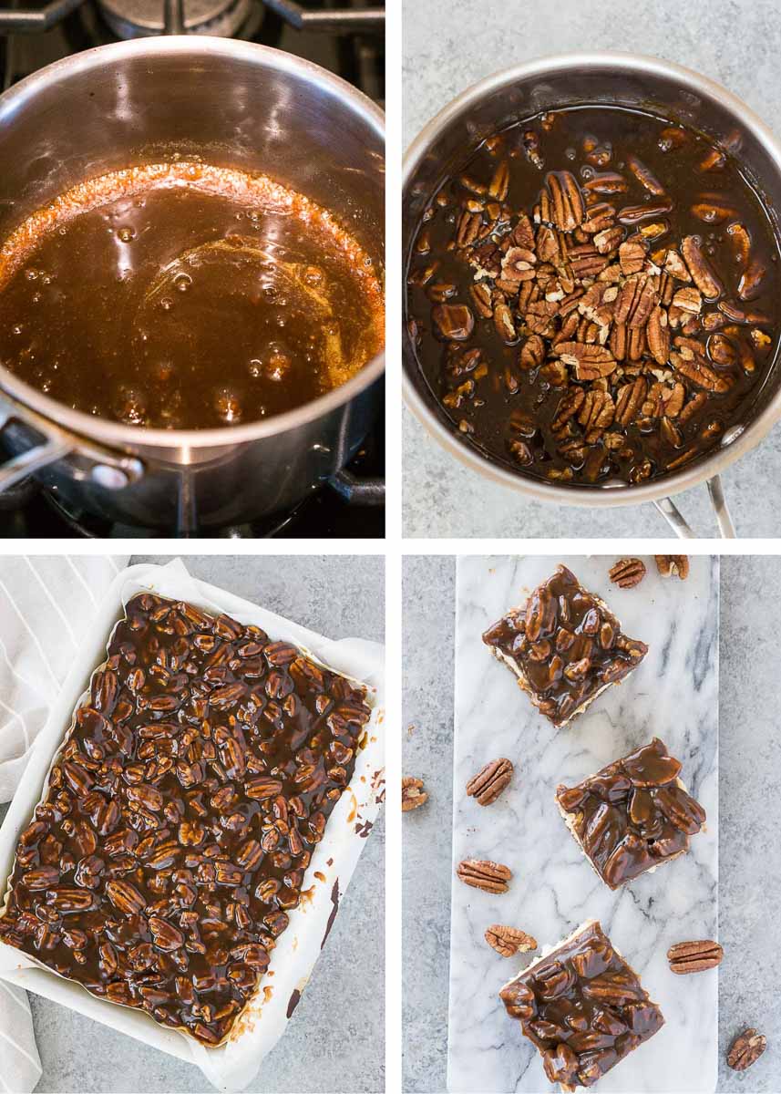 making the pecan pie cheesecake topping