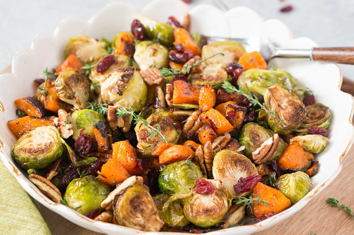 butternut squash and brussel sprouts baked in the oven and serve in a bowl