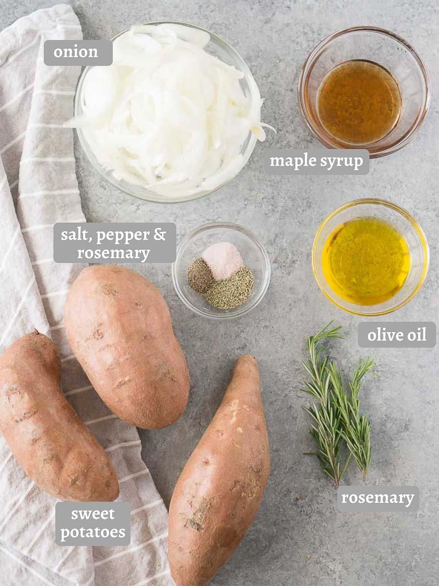 ingredients for roasted sweet potatoes and onions