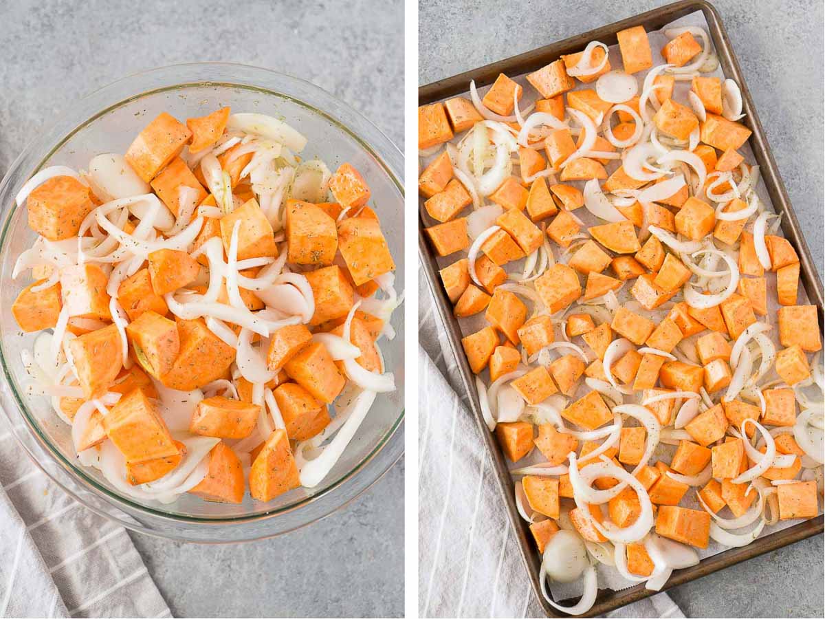 how to make roasted sweet potatoes and onions