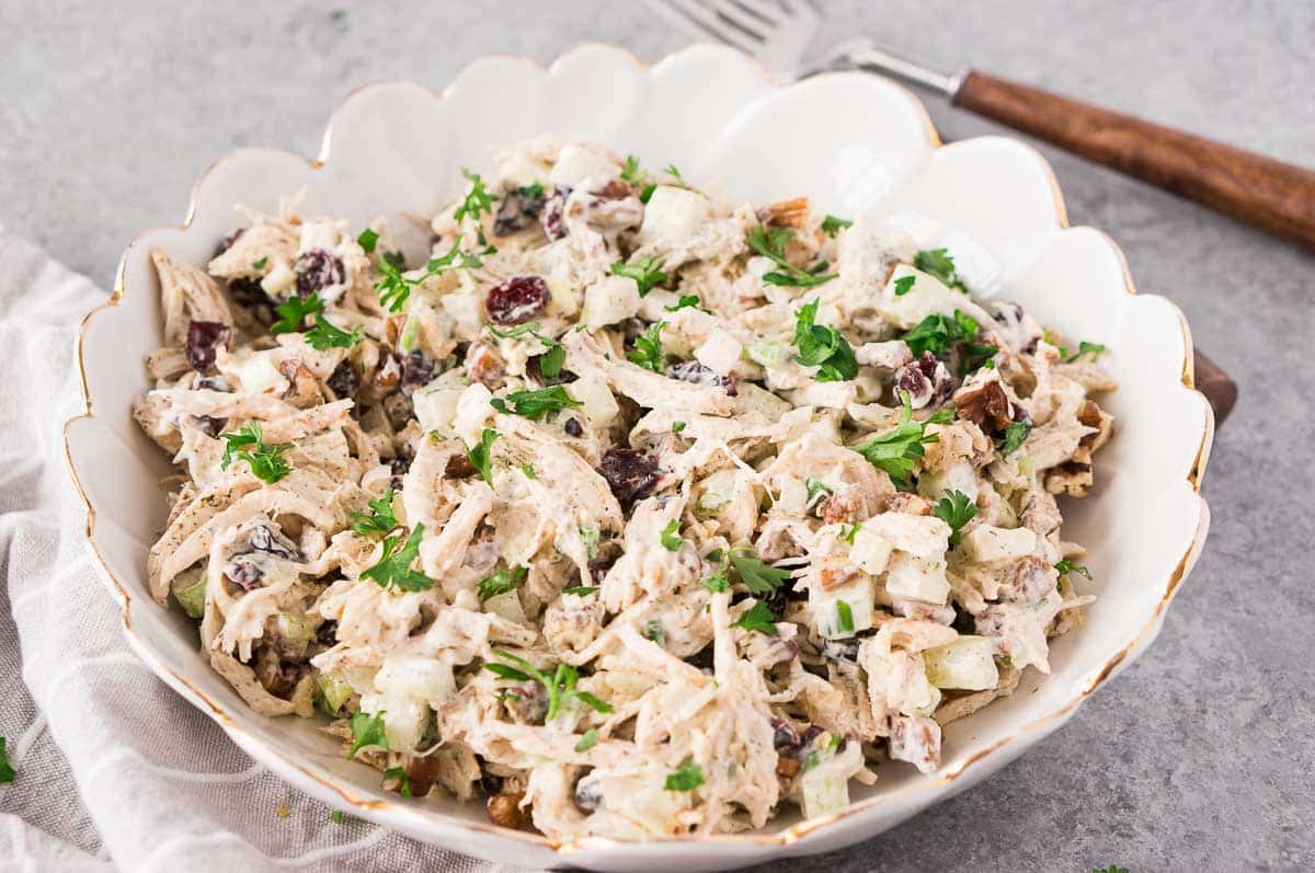 leftover turkey salad in a white bowl