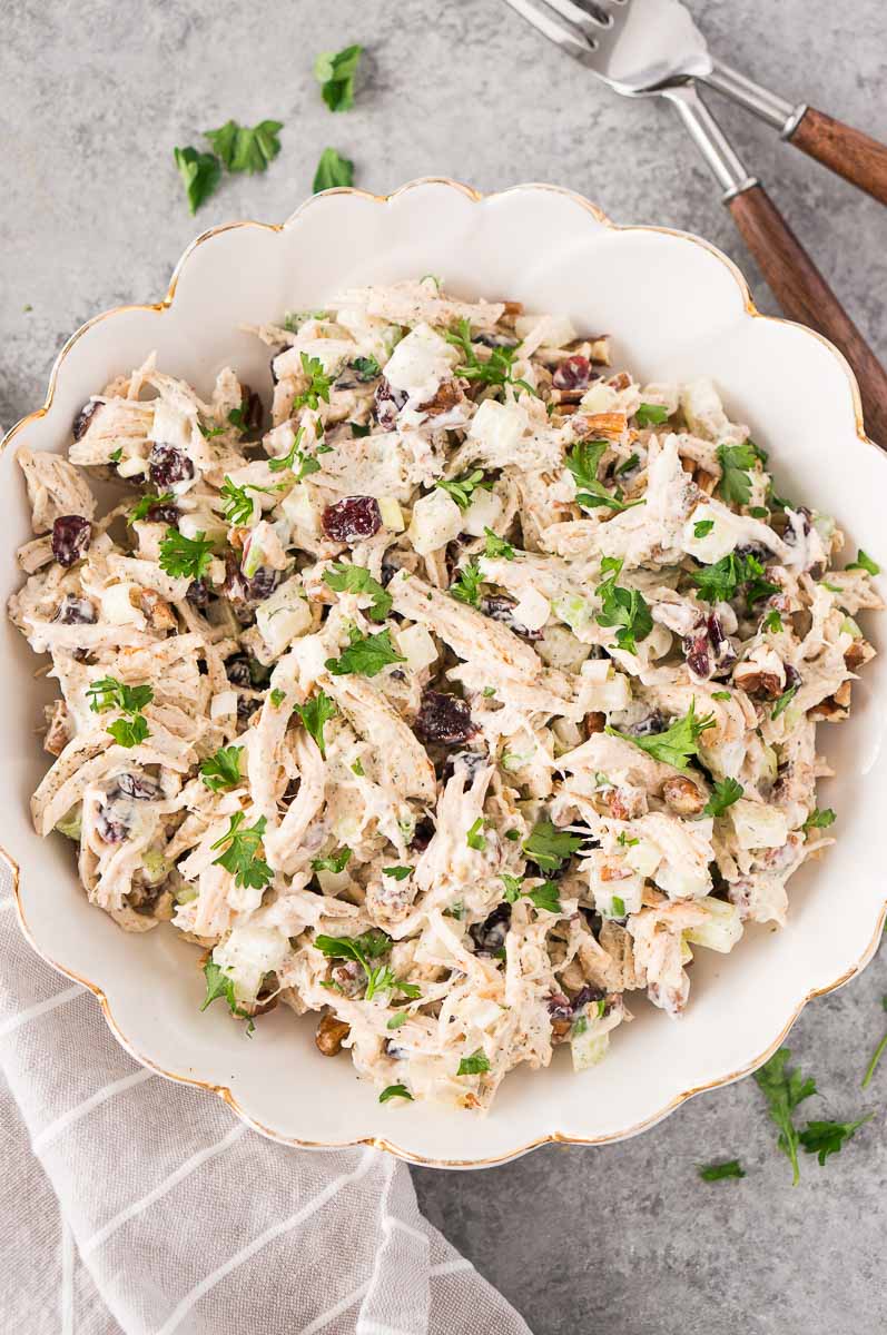 a bowl of turkey salad and cranberries and pecans