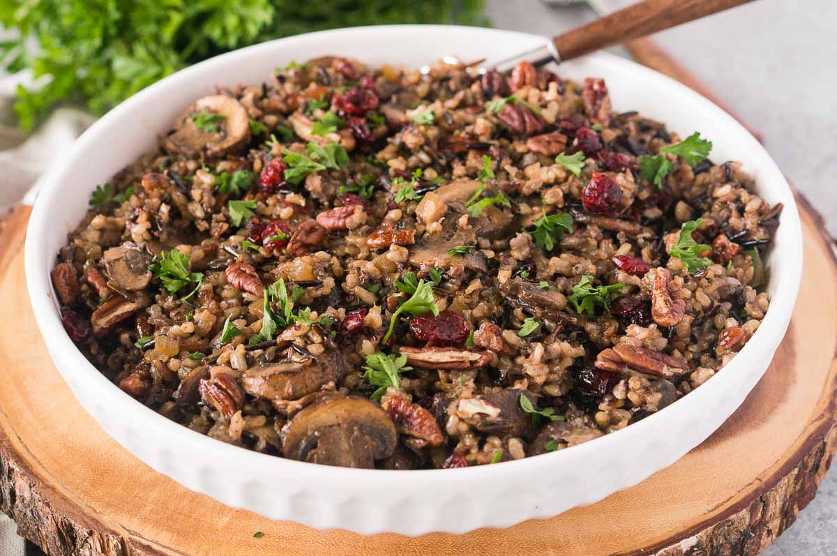 wild rice and mushrooms pilaf in a large bowl