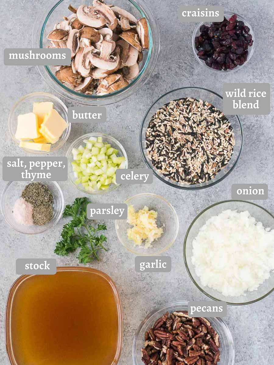 ingredients for wild rice pilaf with mushrooms