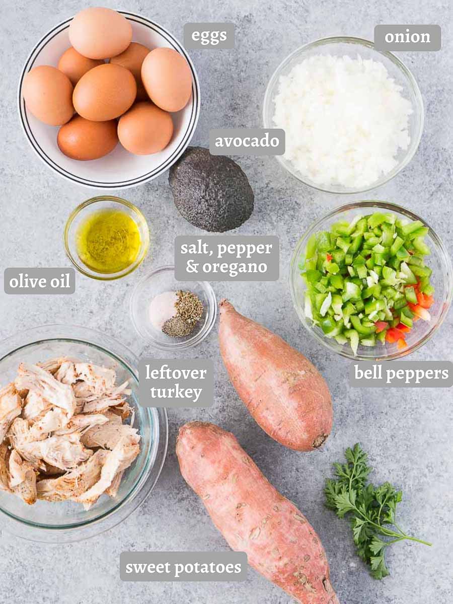 ingredients for leftover turkey and sweet potato frittata