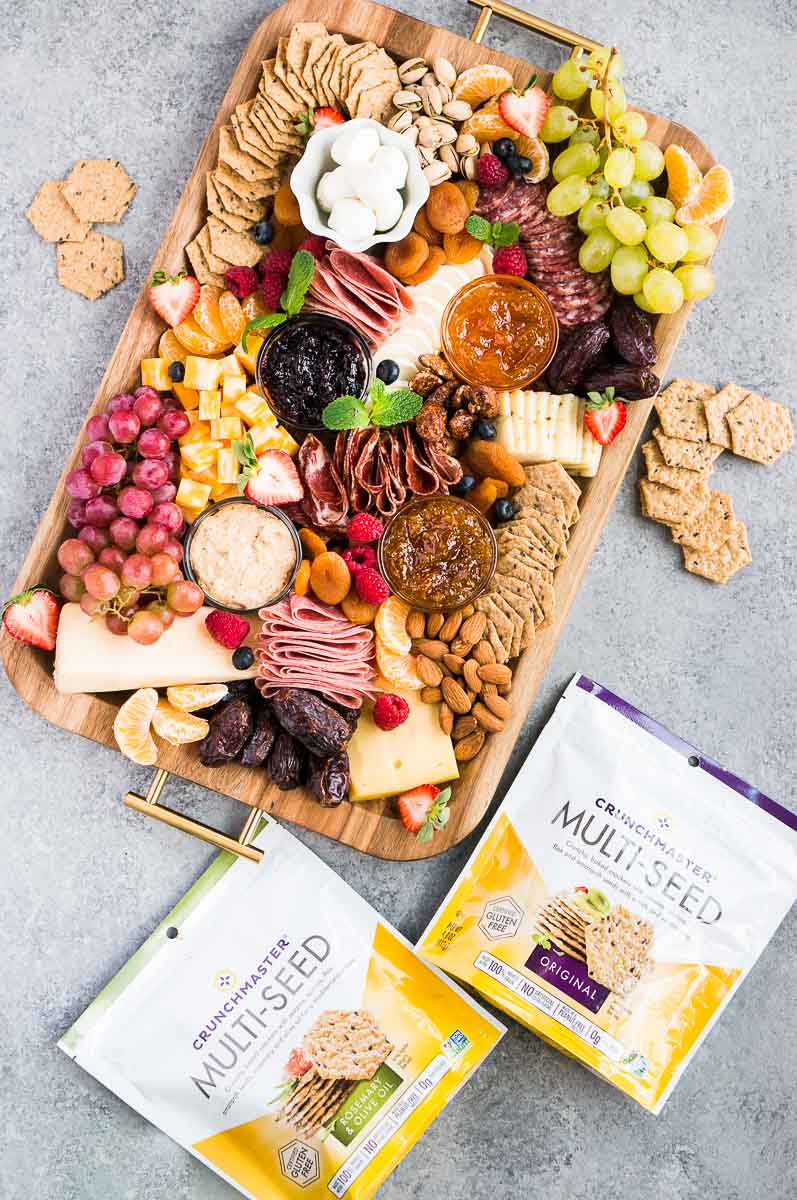 charcuterie board with Crunchmaster gluten-free crackers