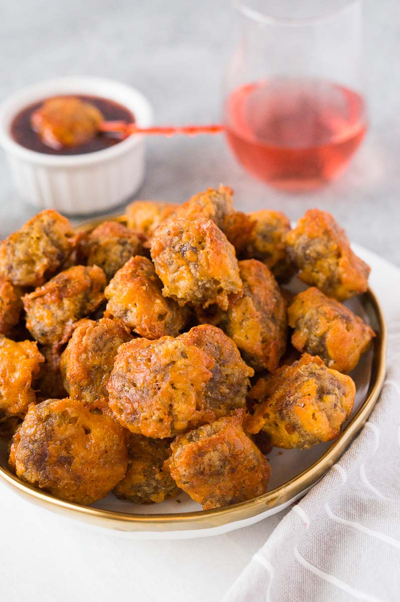 sausage balls (gluten-free) with raspberry chili dip