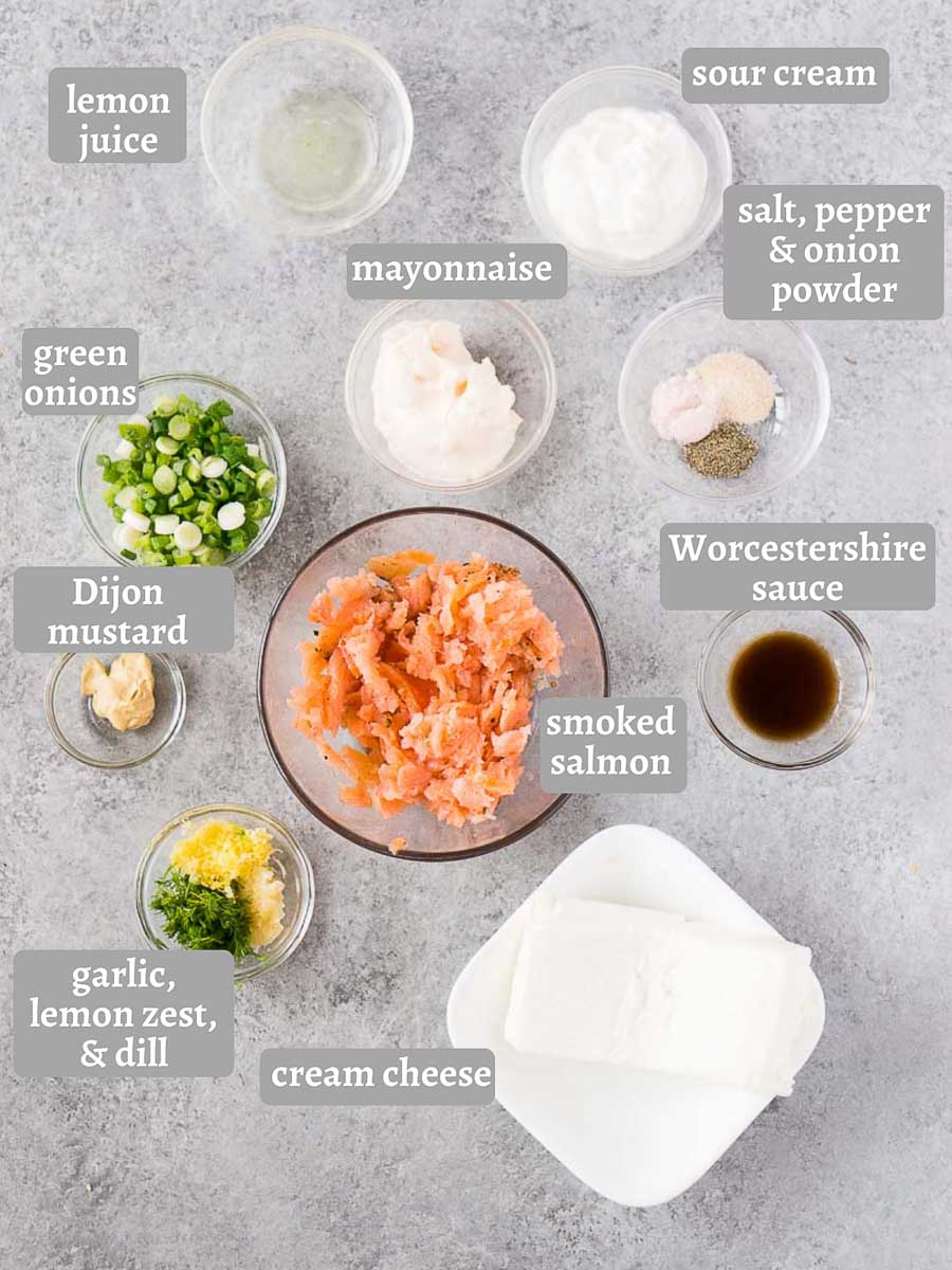 ingredients for smoked salmon dip on a board