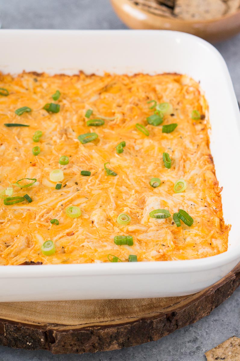 close up of chicken buffalo dip in a white dish