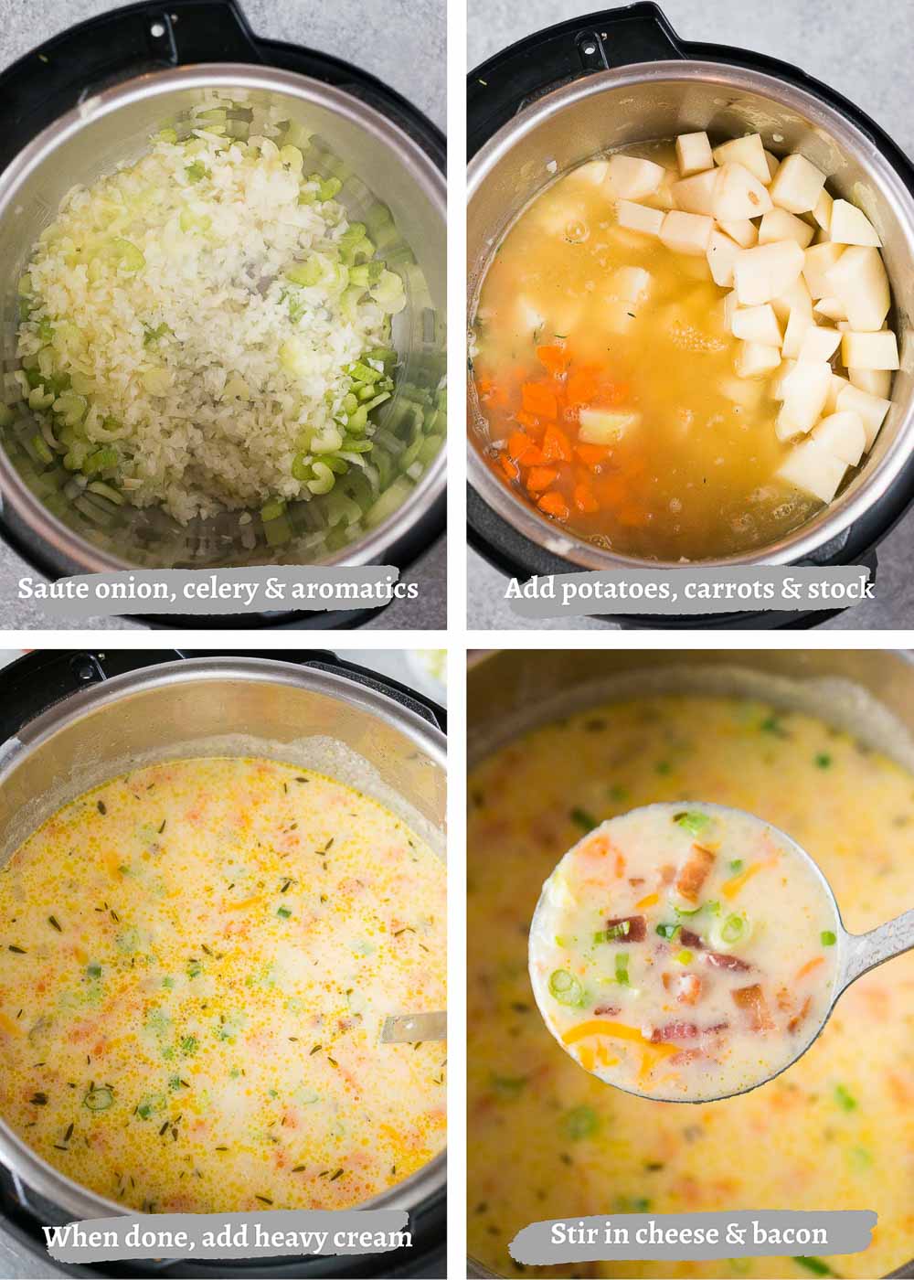 process shots of making potato soup in the instant pot