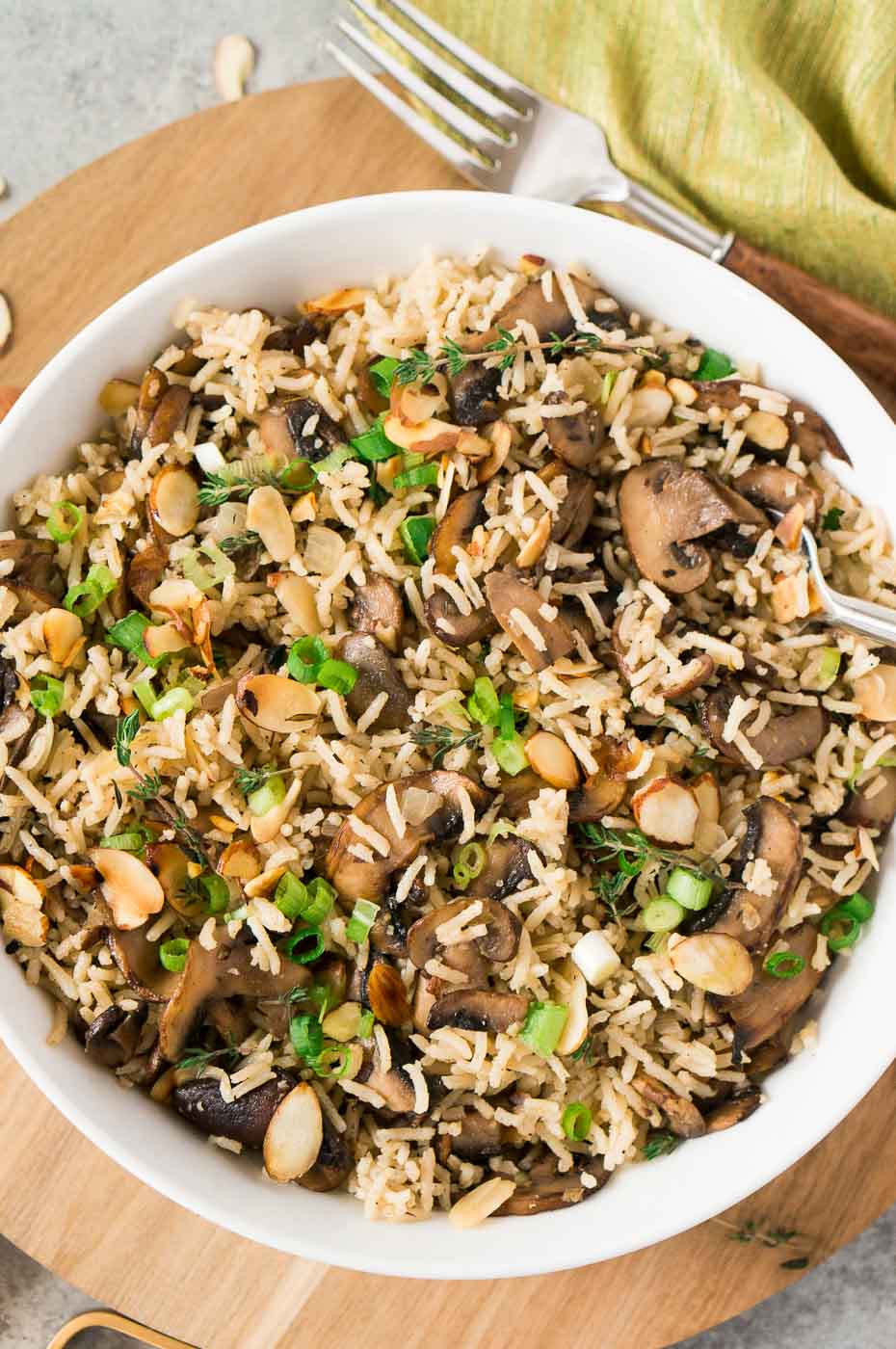rice dish with mushrooms plated in a bowl