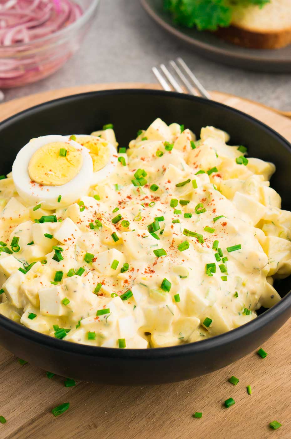 egg salad made with hard boiled eggs in a bowl