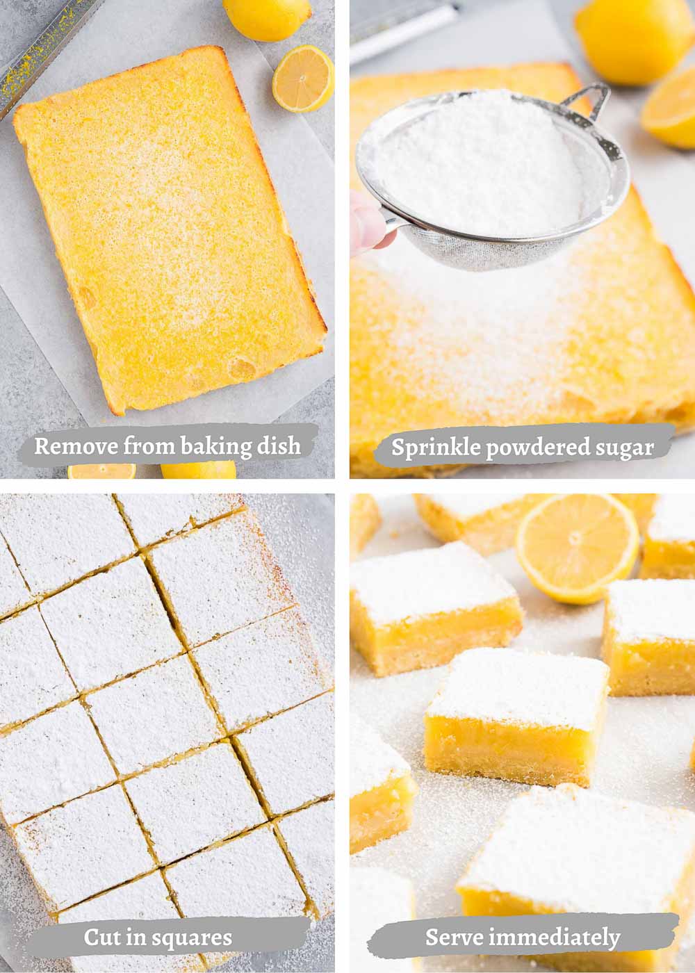 dusting lemon squares with powdered sugar and cutting in squares