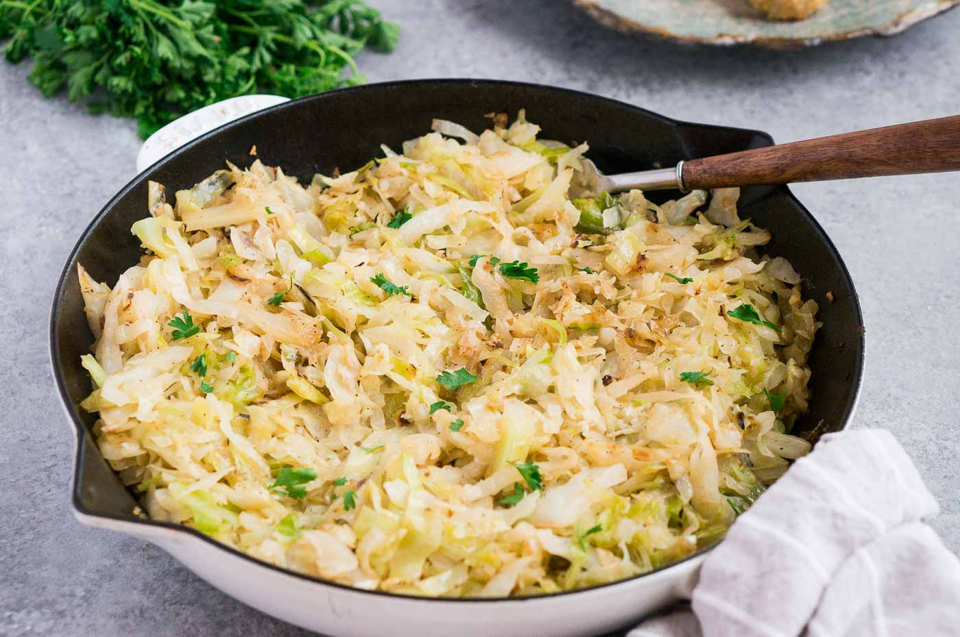 cooked cabbage in a skillet