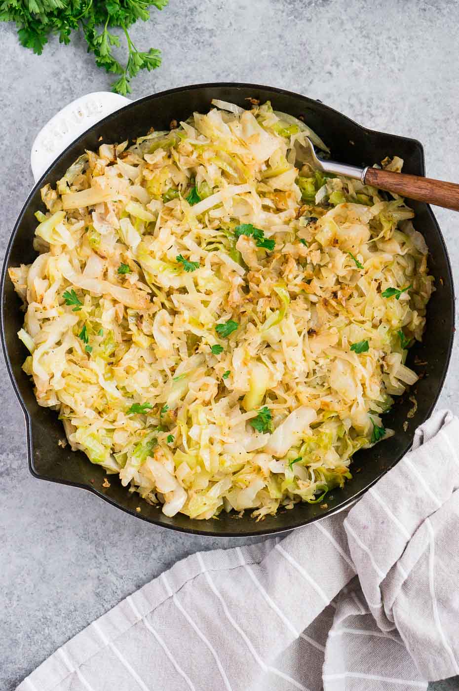 caramelized sauteed cabbage in a skillet