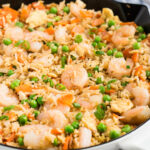fried rice and shrimp recipe made in a skillet