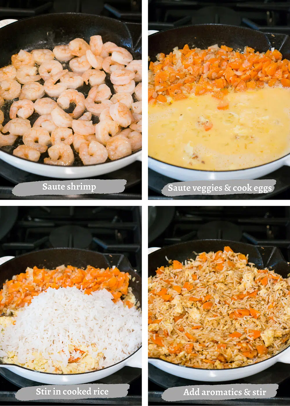 Step-by-step process shots showing how to cook shrimp fried rice in a skillet, capturing key stages of preparation.